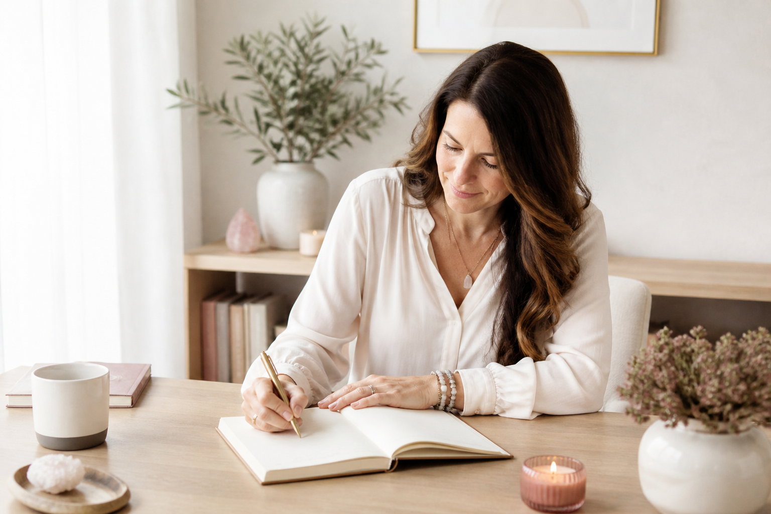 Woman writing in a journal at a calm desk, reflecting on business questions for an Akashic Records session.