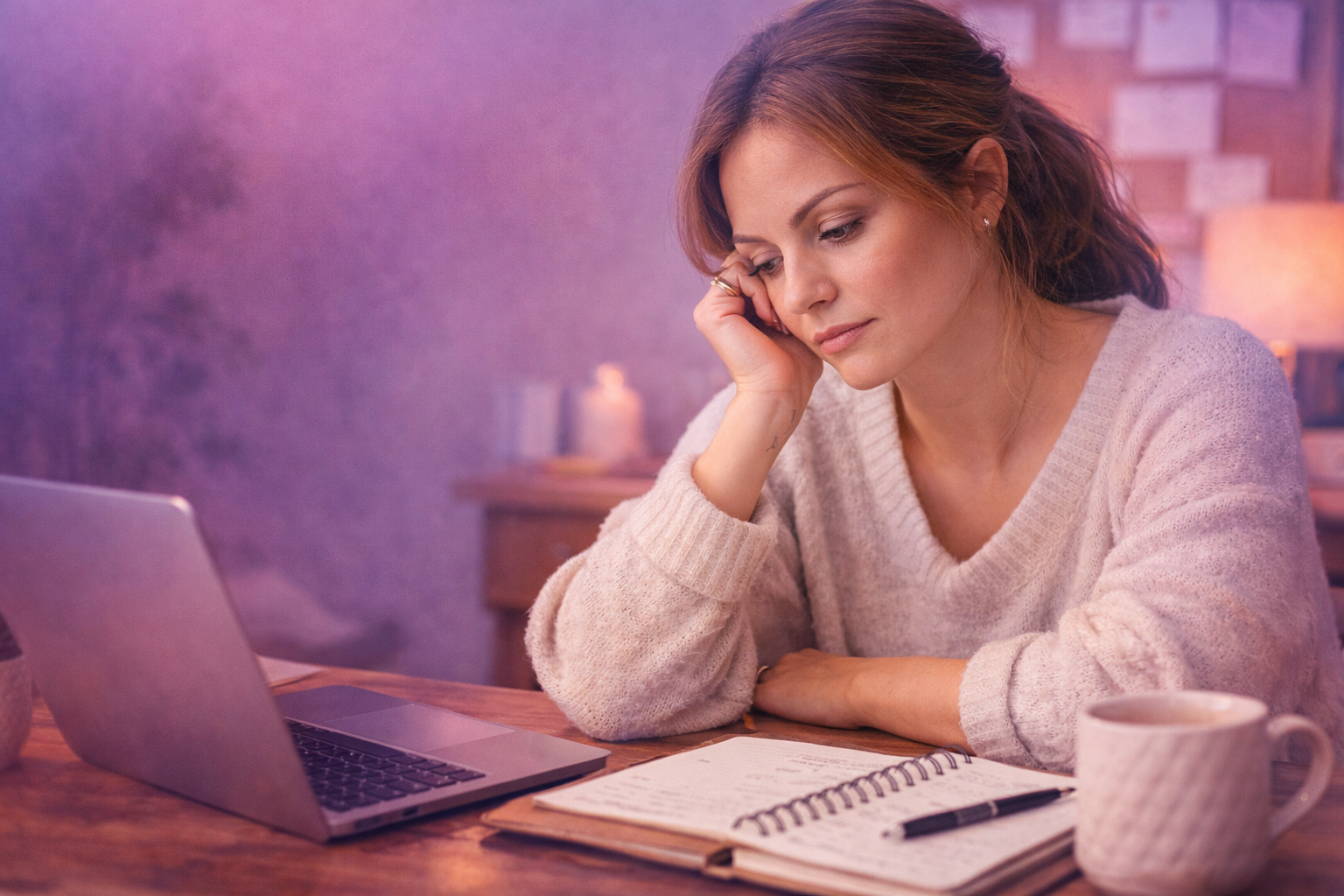Woman entrepreneur sitting at a desk looking down at her notebook with a thoughtful expression as she struggles to create content during a low energy day in her business