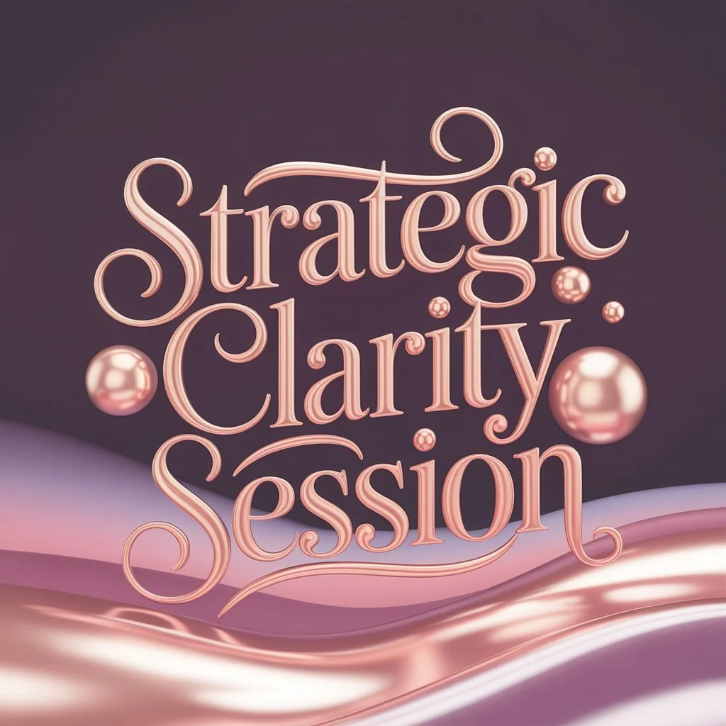 "Strategic Clarity Session" in metallic rose gold 3D lettering, representing heart-led women entrepreneurs' business strategy and intution.