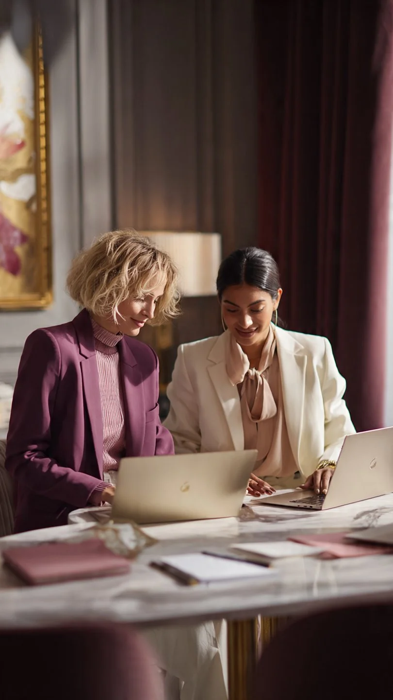 Two women entrepreneurs reviewing strategy on laptops during a business clarity session inspired by Akashic Records guidance.