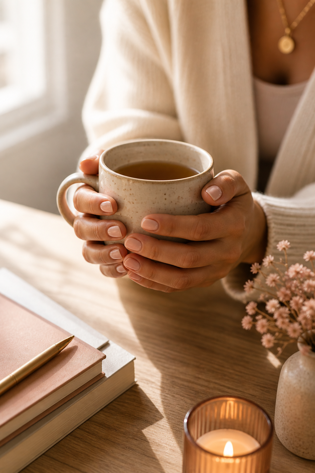 Hands holding a warm mug representing calm regulation and grounded business consistency.