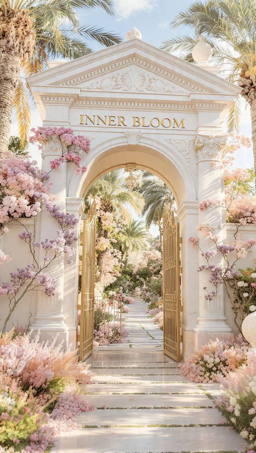 Luxurious entrance to Inner Bloom, a women-only lifetime membership for personal growth, emotional wellbeing, self-leadership, and aligned income inside a refined wellness ecosystem.