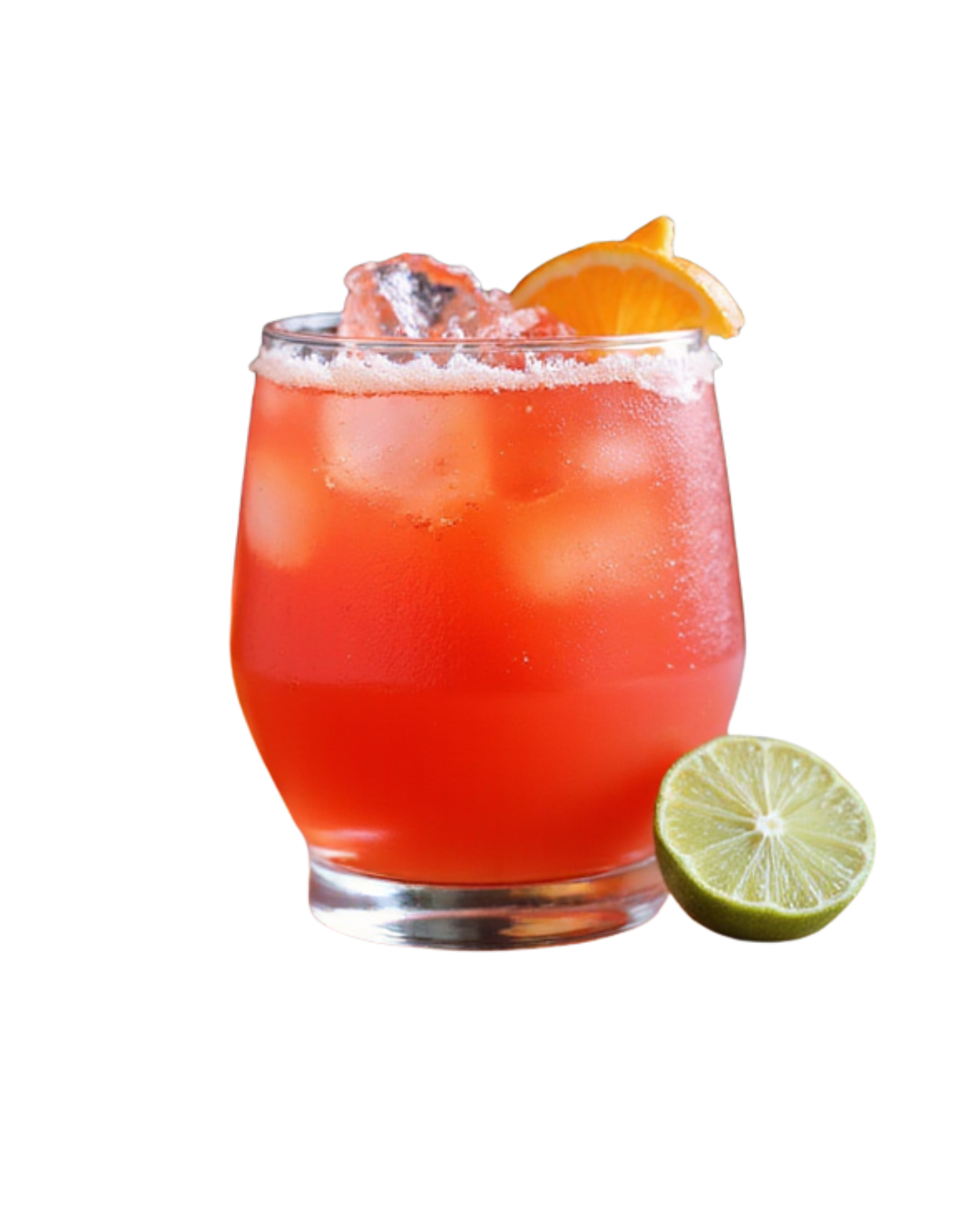 Red cocktail in a glass with ice, garnished with orange slice and lime half.