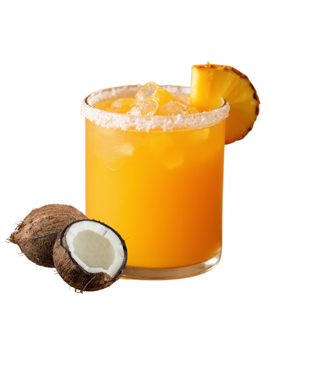 Glass of orange cocktail with ice and a pineapple slice, garnished with sugar on the rim, and a halved coconut beside it.