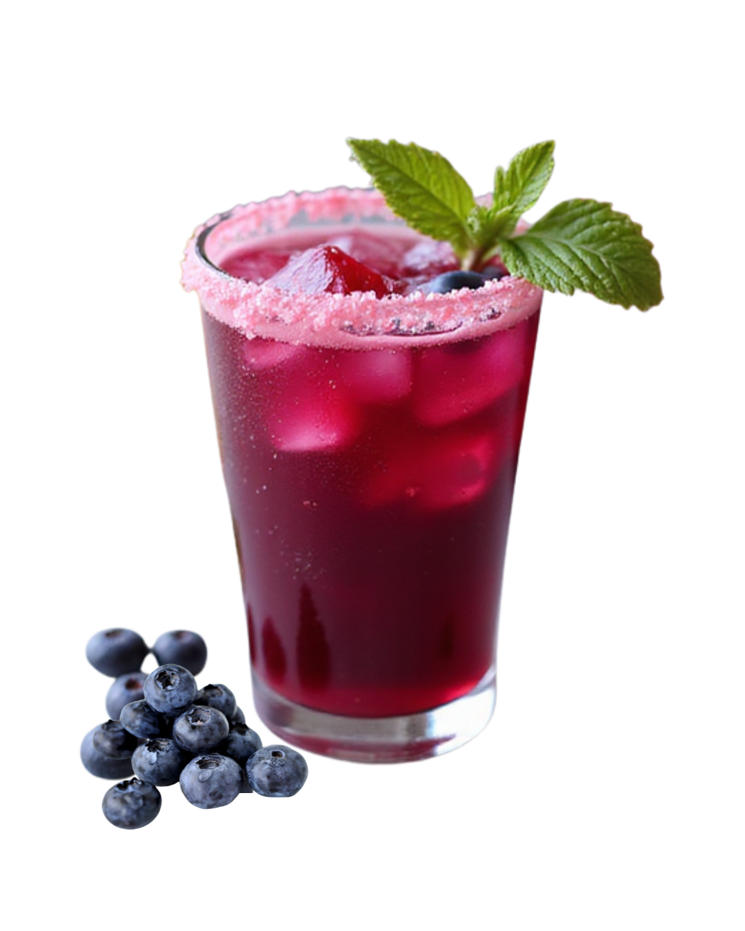 Berry cocktail with mint and blueberries, sugar rim, ice cubes.