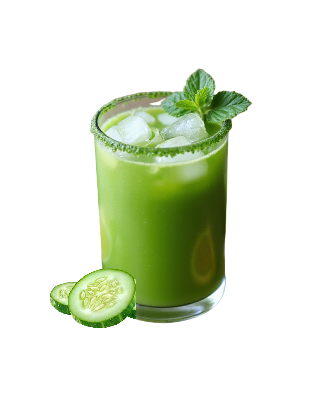 Glass of green juice with cucumber slices, ice cubes, and mint garnish.