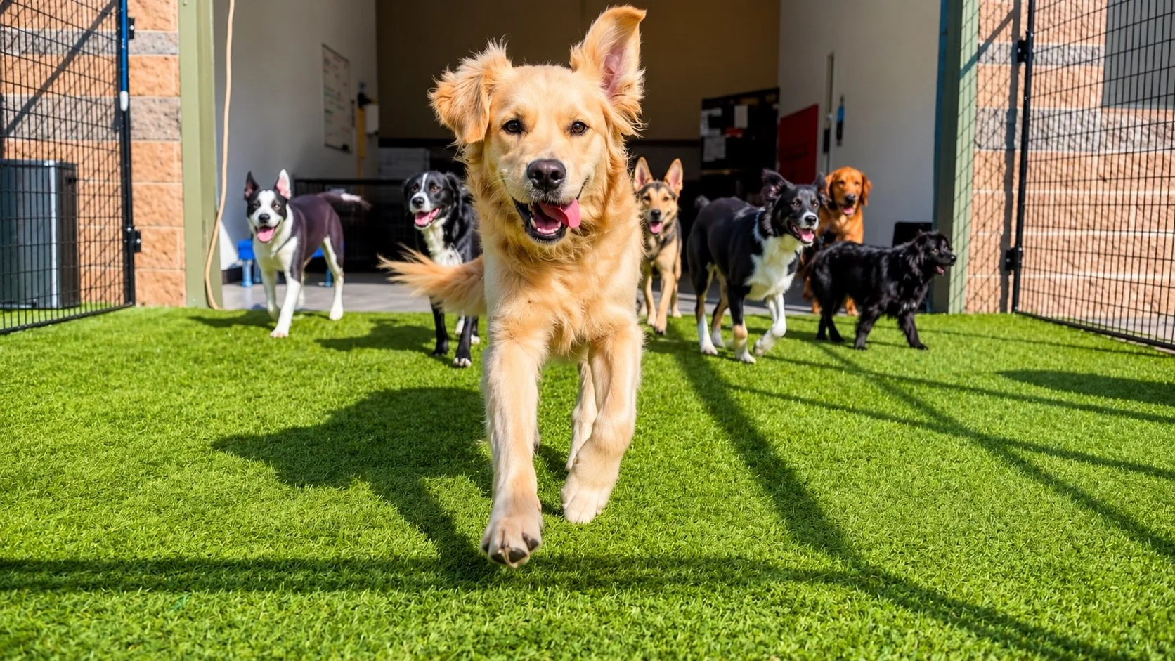 Happy dogs running in the turf yard
