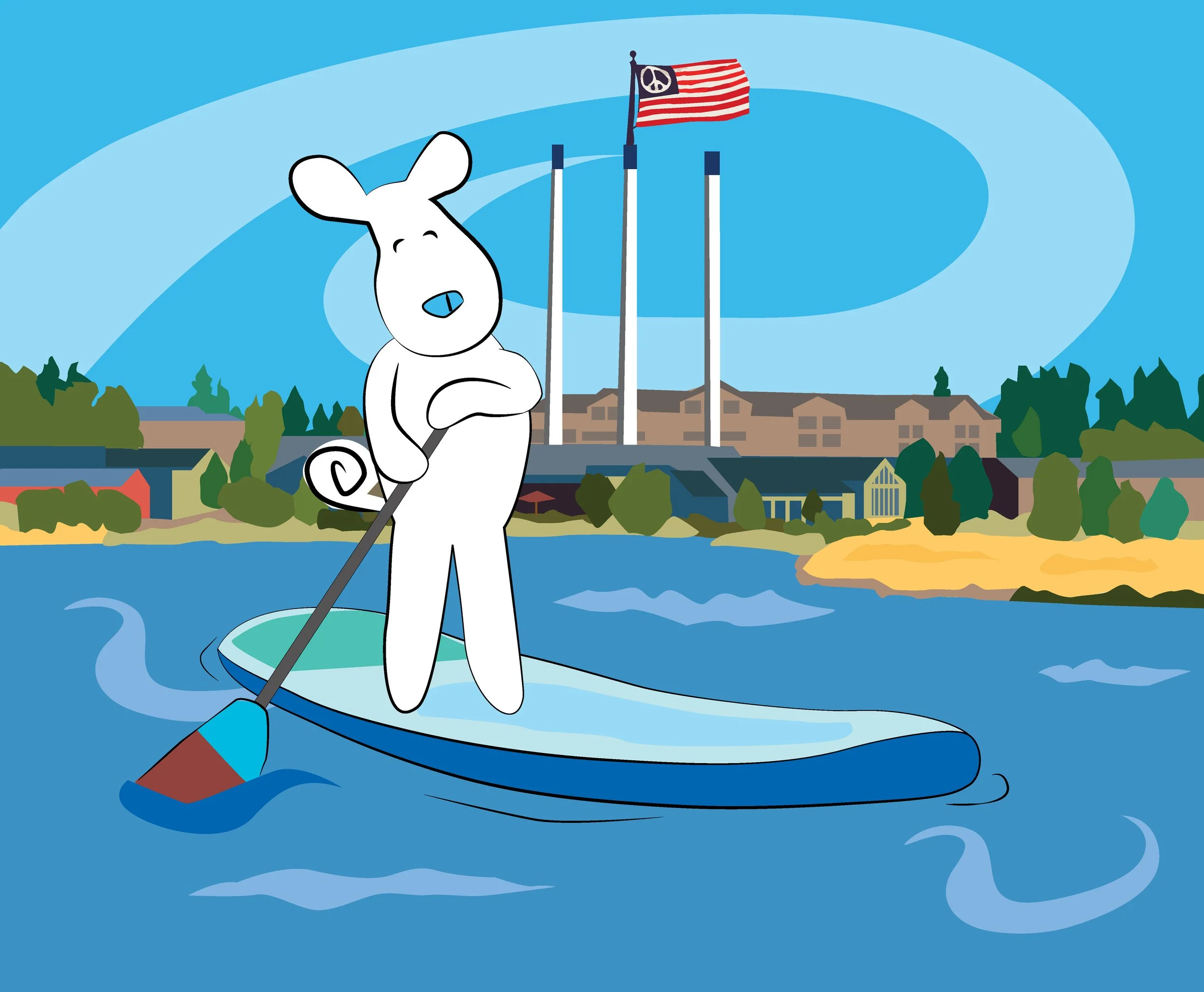 Cartoon dog paddle boarding