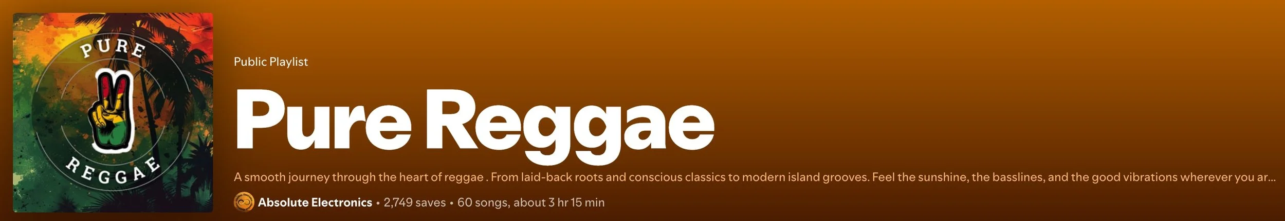 Music playlist cover titled 'Pure Reggae' with a tropical background, a palm tree, and a hand making a peace sign with a reggae-themed design.