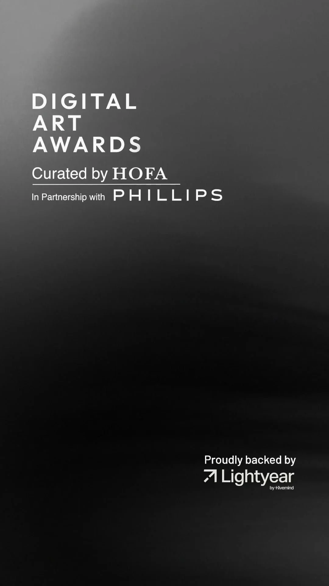 Black and white promotional poster for the Digital Art Awards, curated by HOFA in partnership with Phillips, supported by Lightyear.