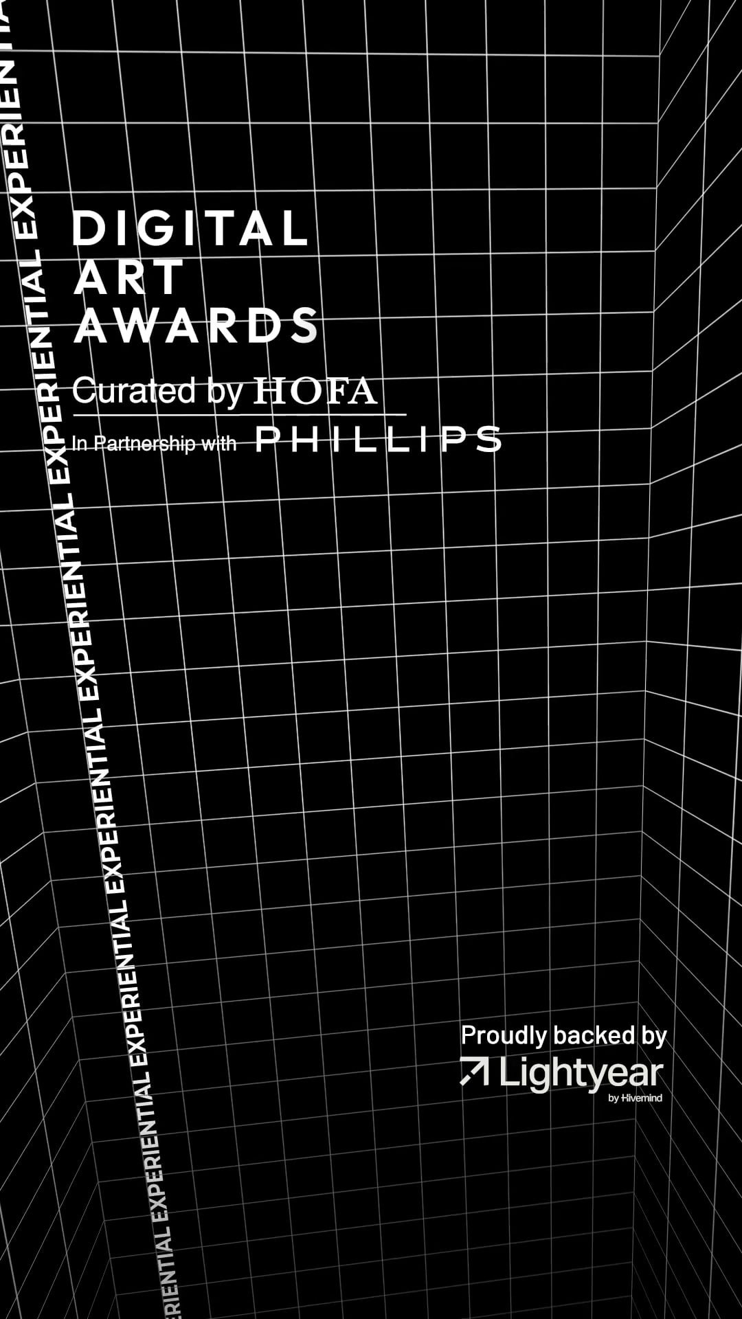 Design for the Digital Art Awards, curated by HOFA in partnership with Philips, with text and graphics on a black grid background.