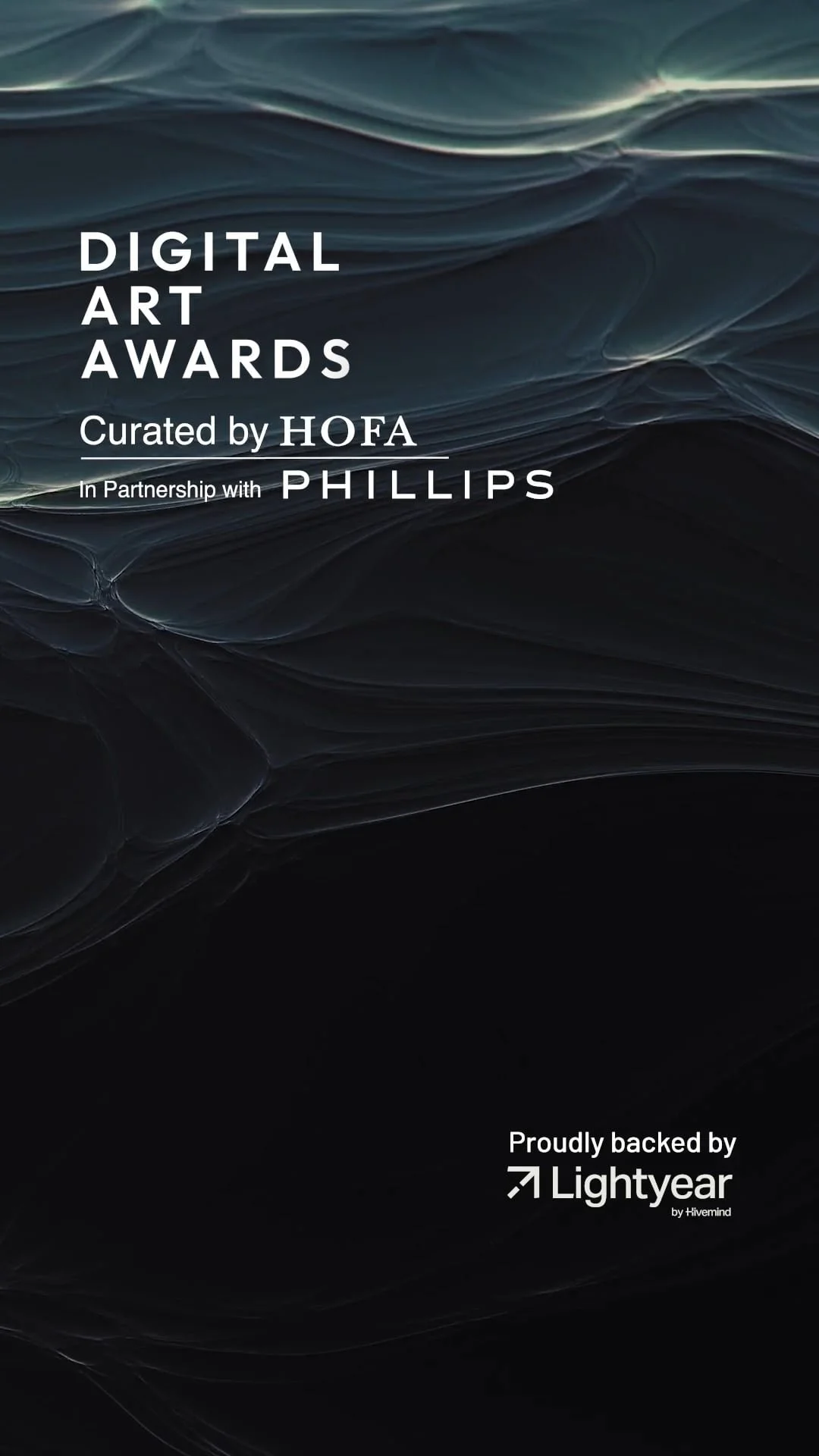 Digital art awards promotional image with dark, abstract, layered background, text about the awards curated by HOFA in partnership with Phillips, and Lightyear branding.