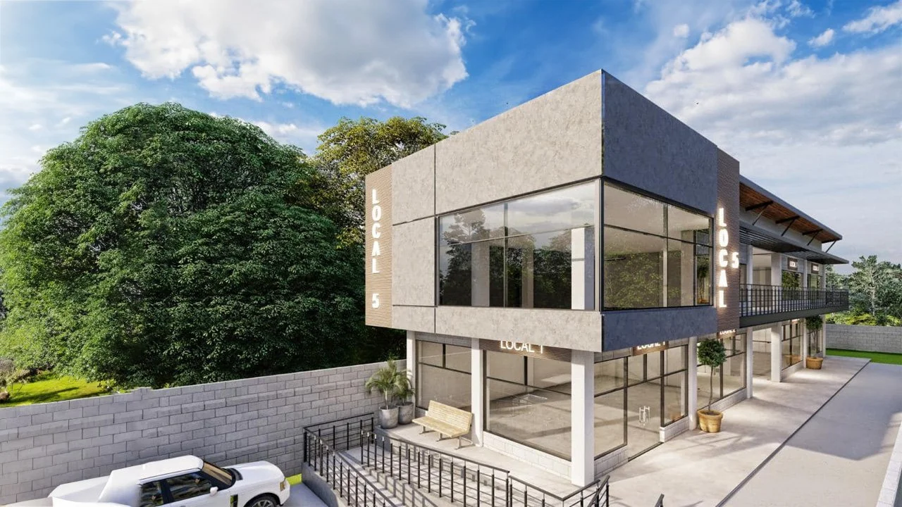 Edificio comercial moderno con paredes de vidrio, señalización de "Local 5", coche blanco estacionado y árboles al fondo.