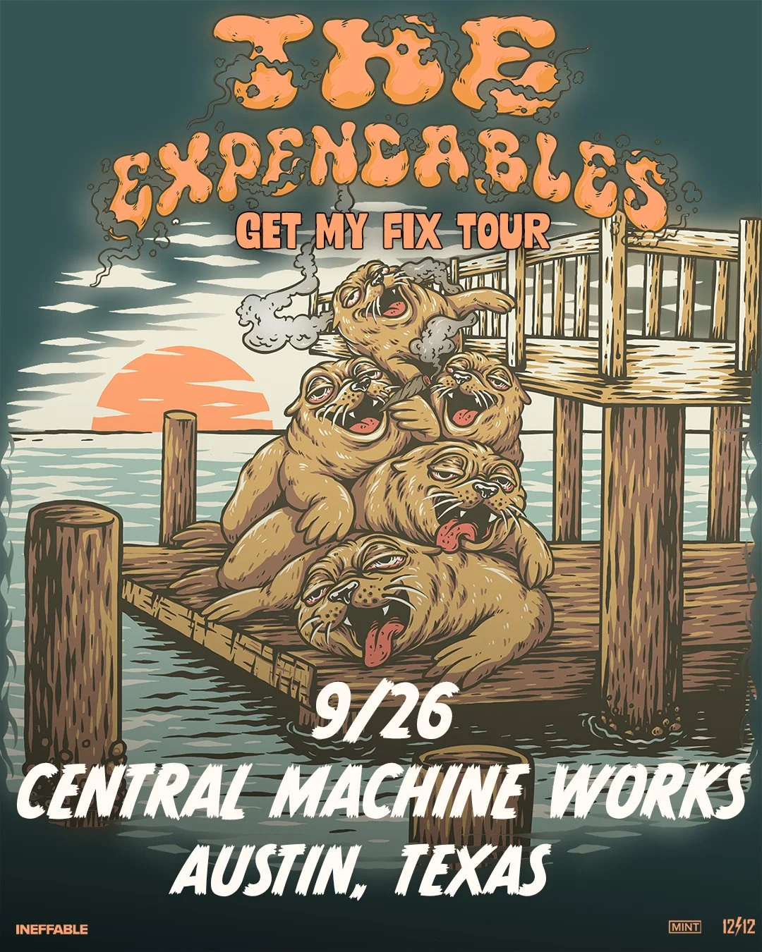 A group of cartoon-style lions with tired expressions lying on a dock by the water with a sunset in the background. The text at the top reads 'The Experience' and 'Get My Fix Tour.' The event details are '9/26, Central Machine Works, Austin, Texas,' and the bottom left corner has the word 'Ineffable.'