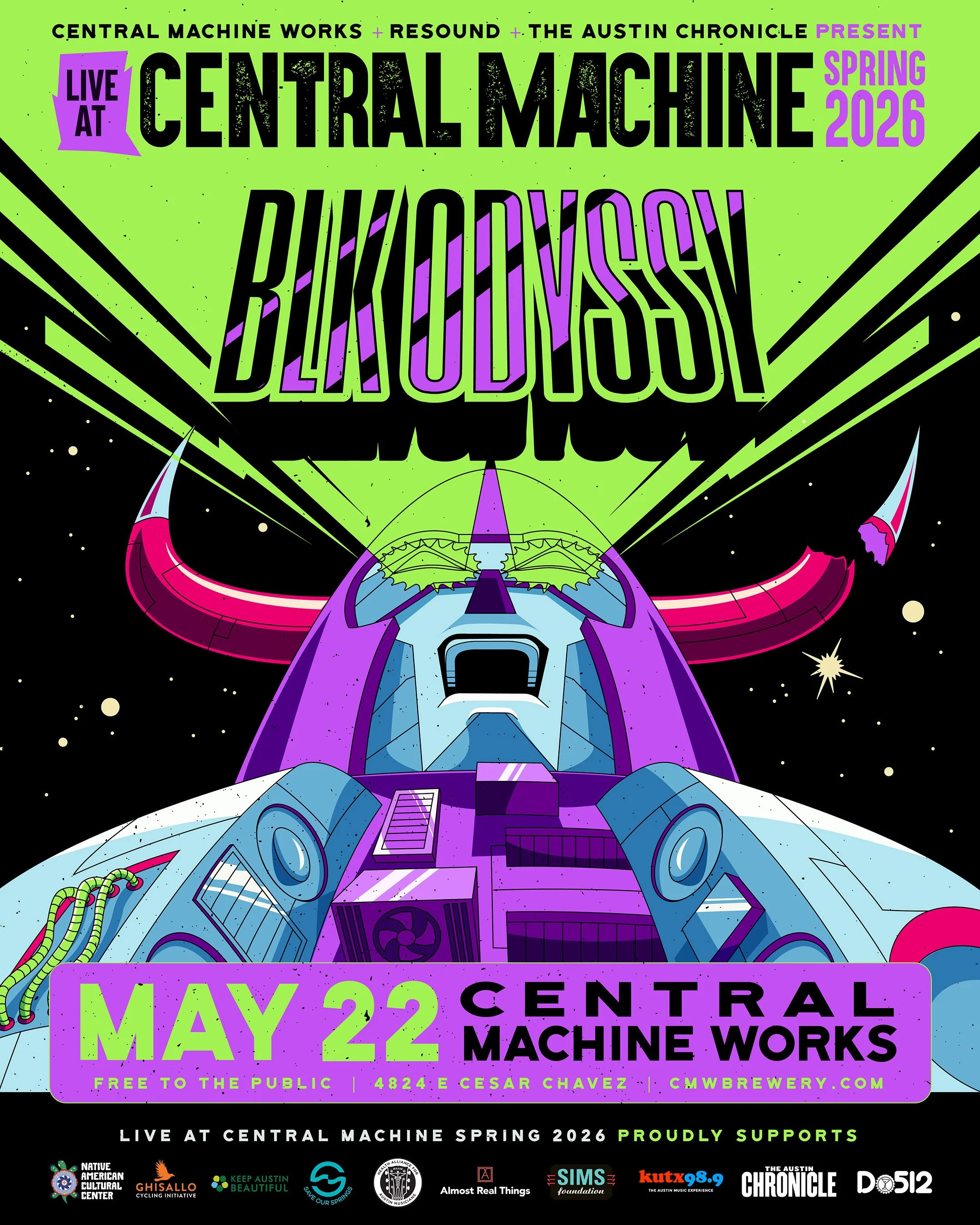 A colorful poster for the Central Machine music event. Features a stylized spaceship and vibrant green, purple, and black colors. Text announces the event date as May 22, 2026, at Central Machine Works, with supporting organizations listed at the bottom.