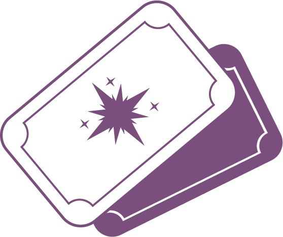 Cartes à jouer avec une explosion ou une étoile brillante sur le dessus, de couleur violette et noire.