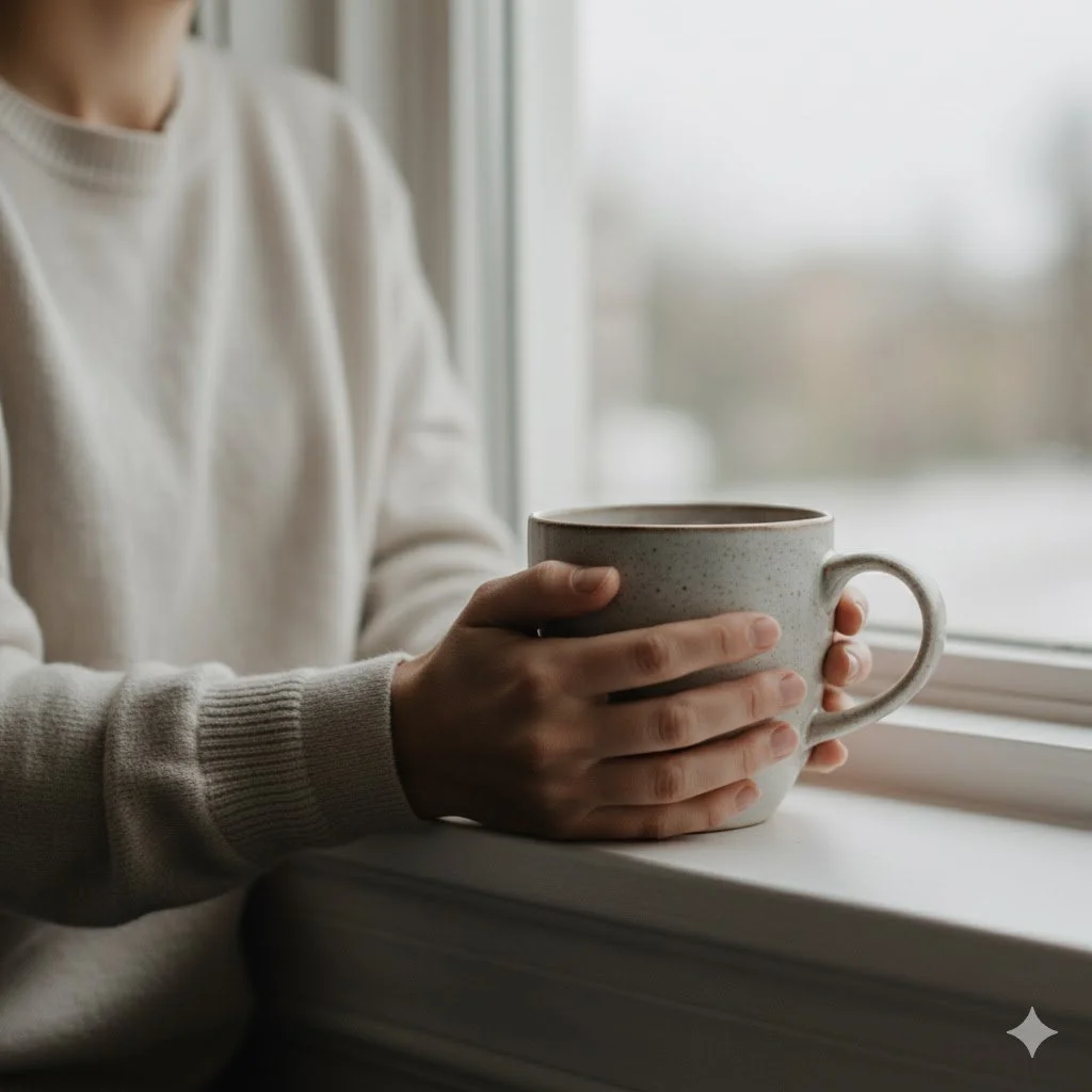 Person wearing a light-colored sweater holding a ceramic mug while sitting by a window.