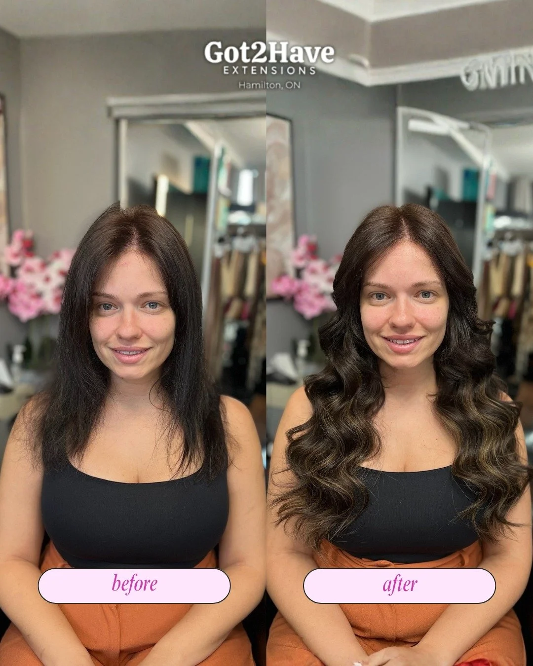 This before and after shows what professional hair extensions in Hamilton should look like.
The goal isn&rsquo;t just longer hair &mdash; it&rsquo;s better shape, soft volume, and a result that blends into your natural hair without feeling heavy.

Ev