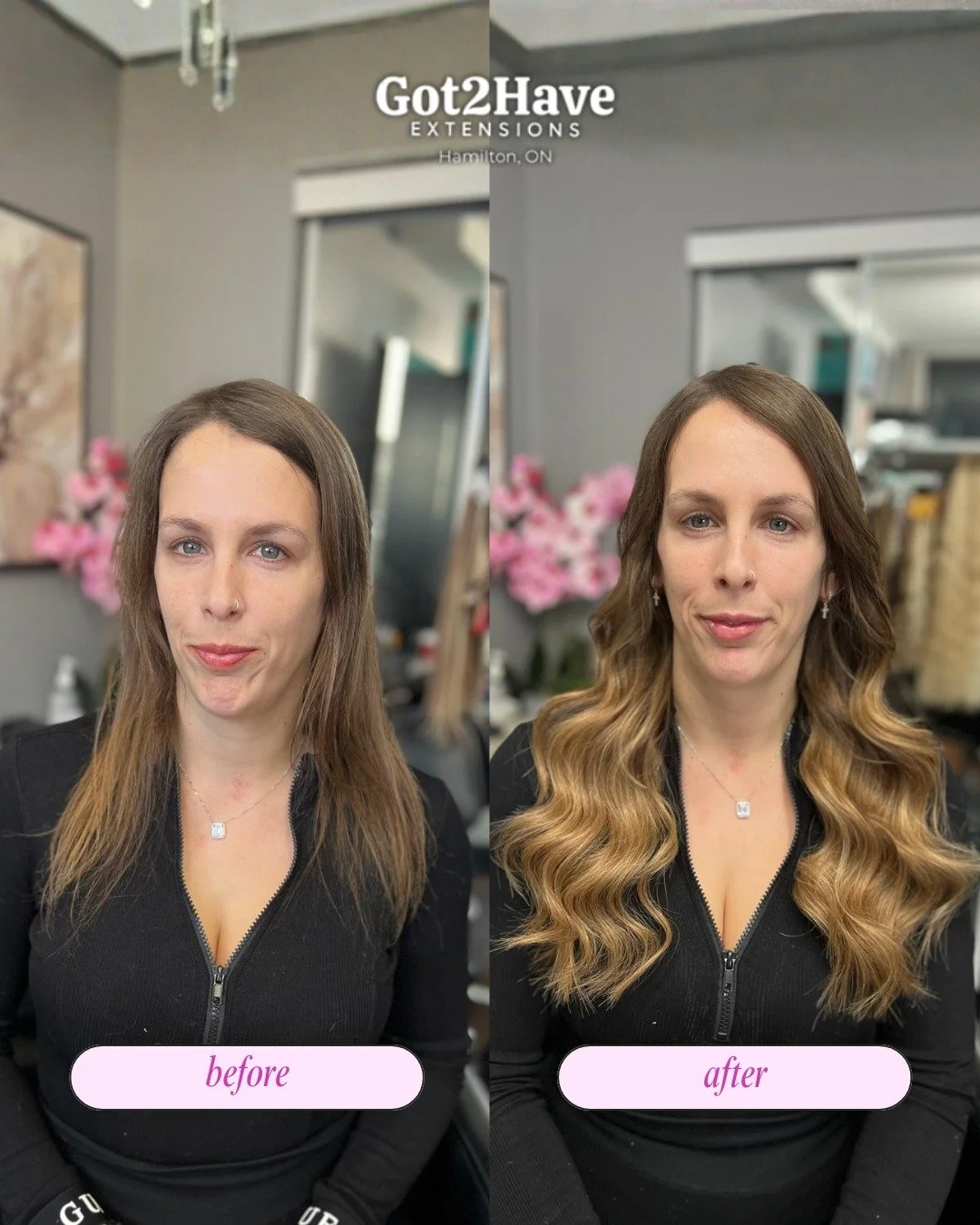 Soft, full, and natural 🤍
That&rsquo;s the goal with every hair extension install in Hamilton.

No bulk. No heaviness. Just hair that moves like yours.

This before &amp; after shows how thoughtful placement changes everything.

📍 Hamilton, ON
📩 B