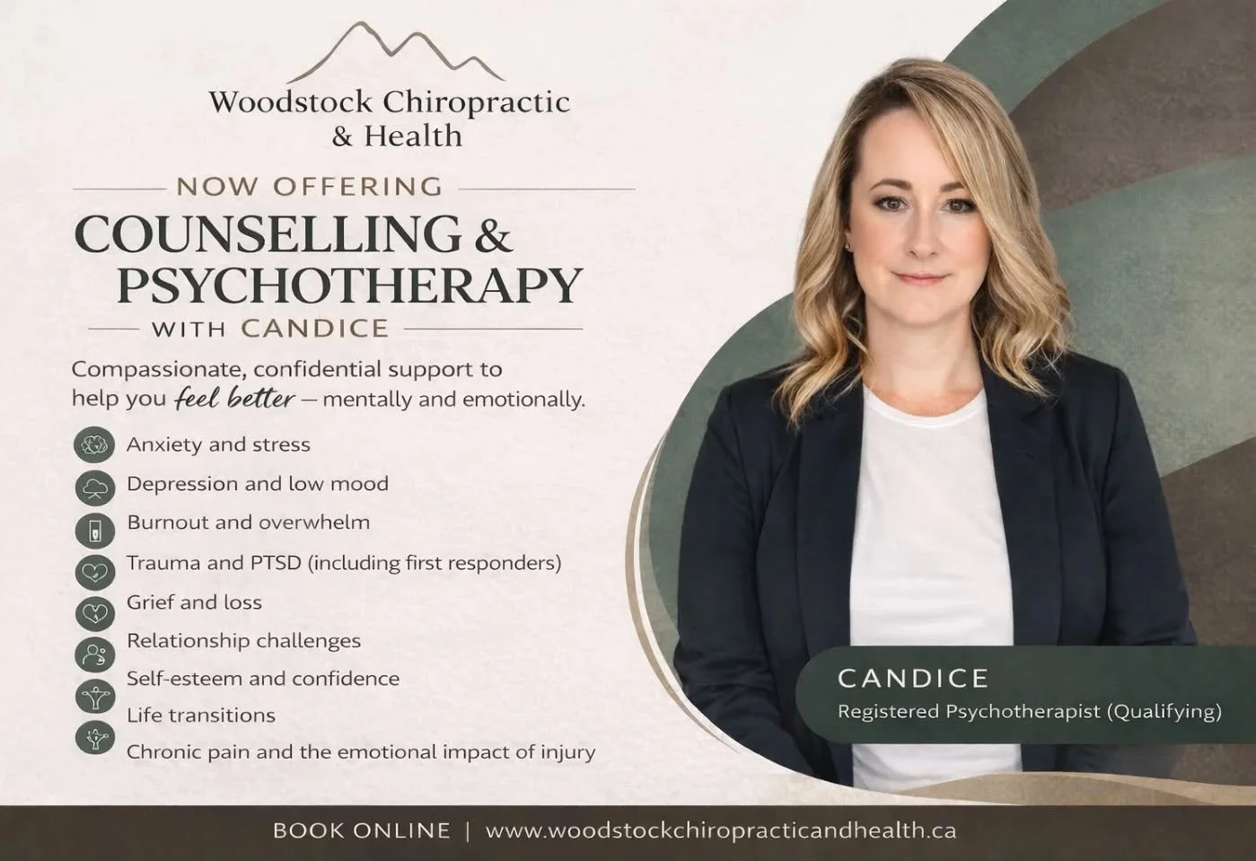 Your mental health matters too.

Our clinic offers psychotherapy services with Candice, Registered Psychotherapist, to support individuals navigating stress, anxiety, trauma, life transitions, and more.

A supportive space to talk, process, and move 