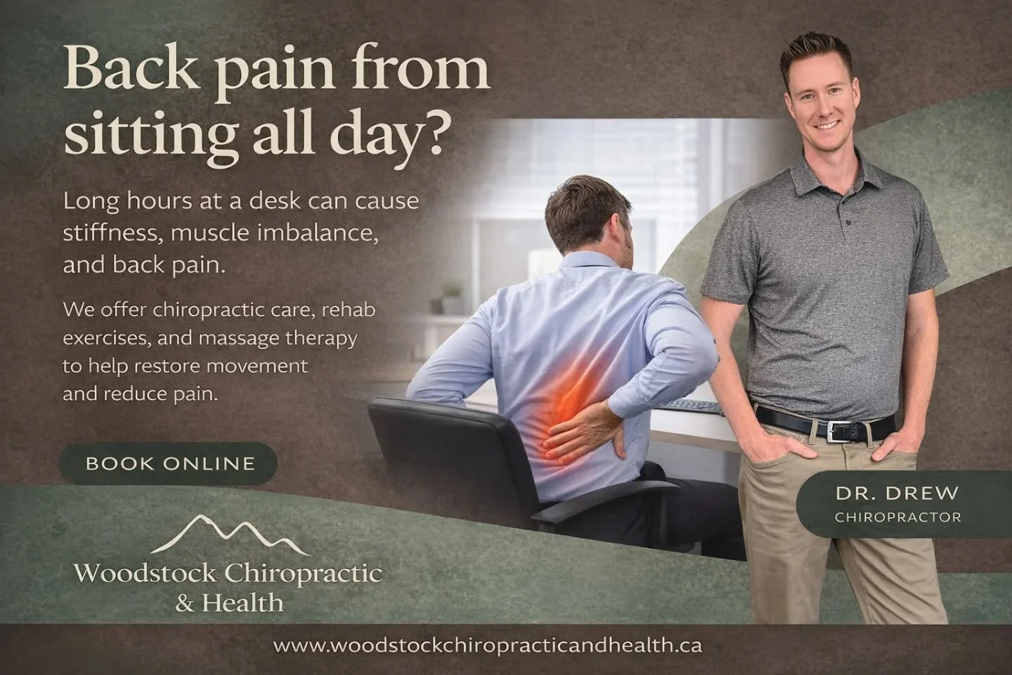 Struggling with back pain?

Long hours sitting, lifting, or everyday stress can lead to stiffness, muscle tension, and ongoing back pain.

At Woodstock Chiropractic &amp; Health, we take a collaborative approach to help you move and feel better.

 Ou