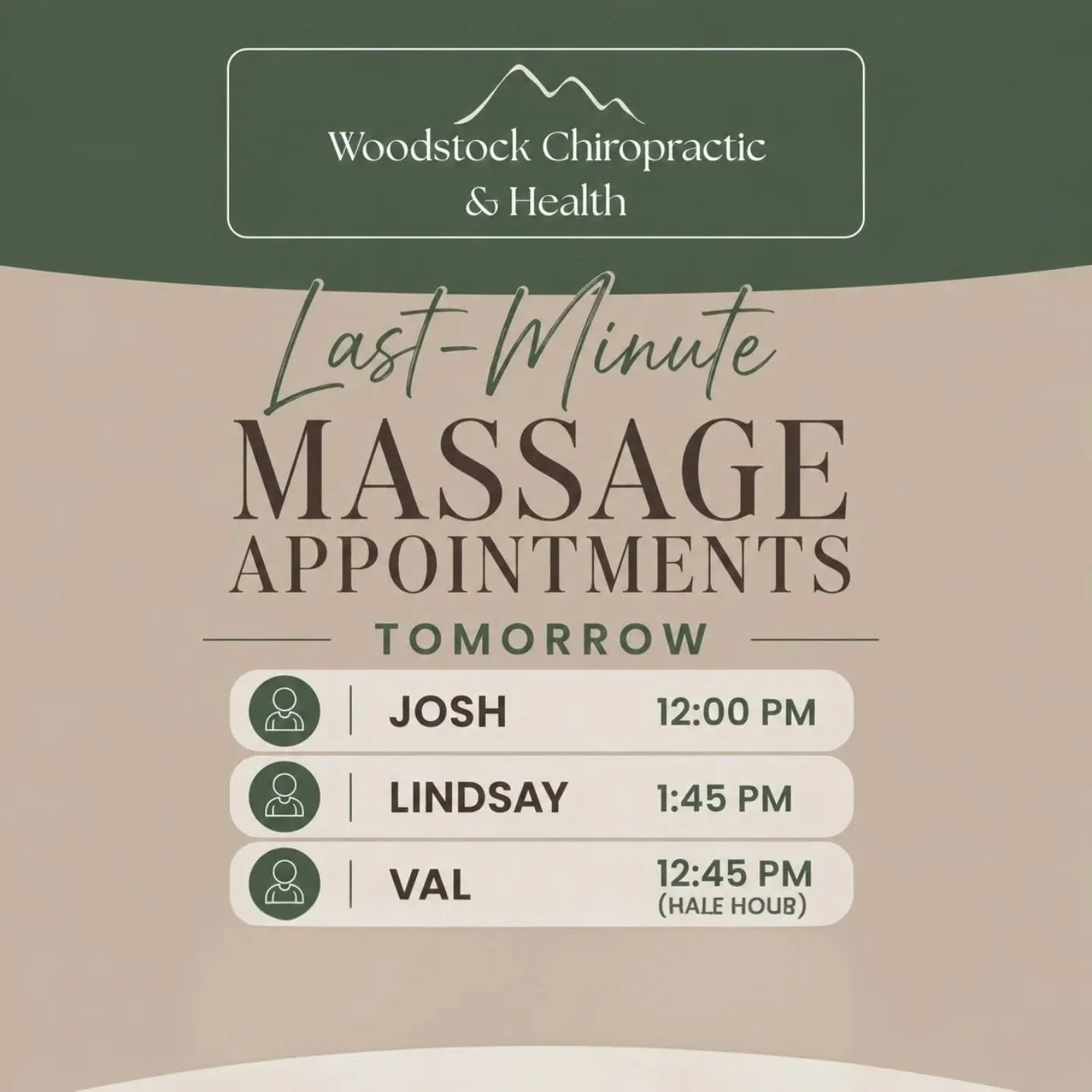 Need a last minute massage? You're in luck, tomorrow April 28 we have 3 openings, one with each of our amazing RMTs! 
First come first serve, grab it quick! 

Book online www.woodstockchiropracticandhealth.ca 
Direct billing available