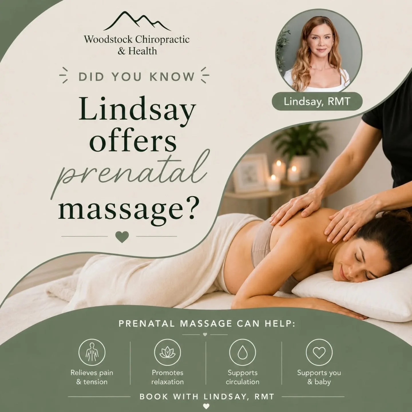 Pregnancy is hard work&mdash;let prenatal massage help 💚

Reduce aches &amp; tension, boost relaxation, support circulation, and take a little time just for you (and baby 🫶). 

Book your prenatal massage  with Lindsay, RMT ✨