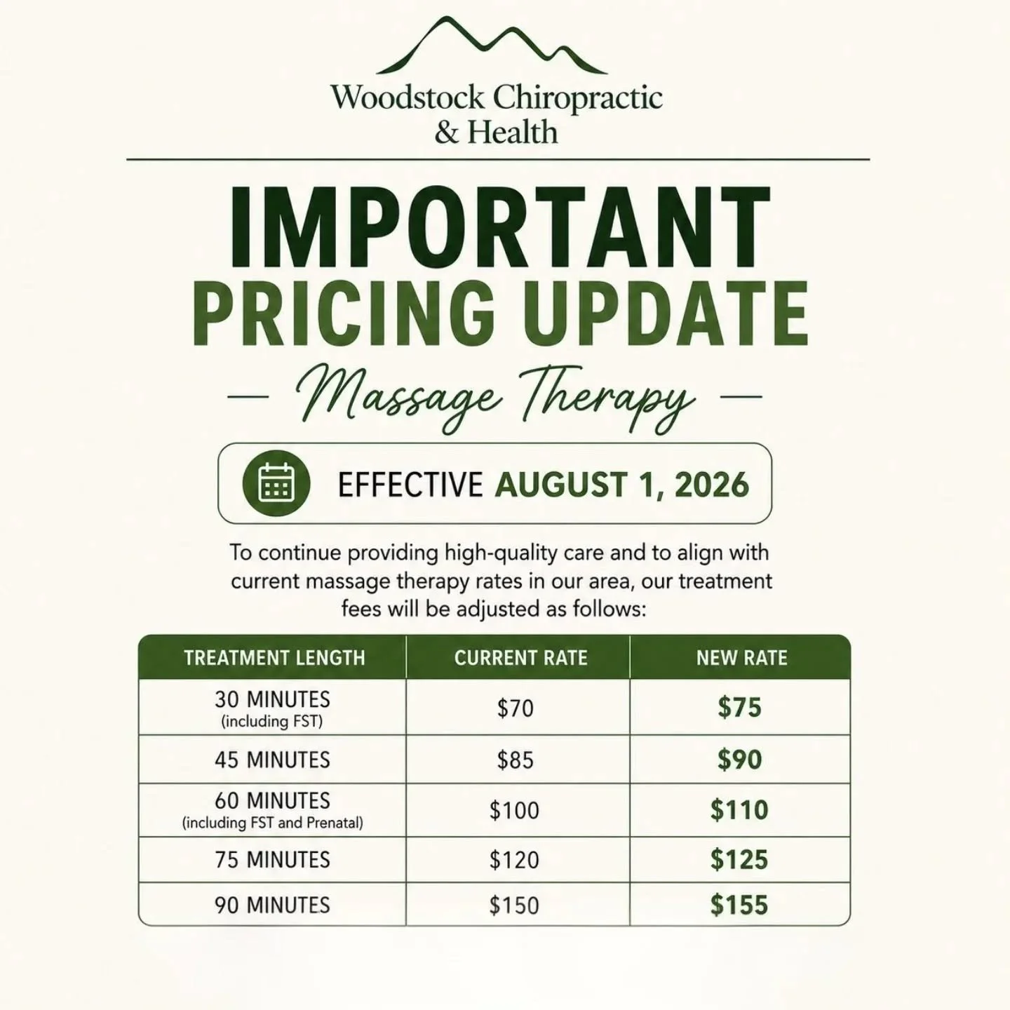 *update*
Pricing changes will be effective August 1st 2026. 
We are adjusting our massage prices to a line with other therapists in our area. Direct billing will remain the same! 
Thank you for your understanding!