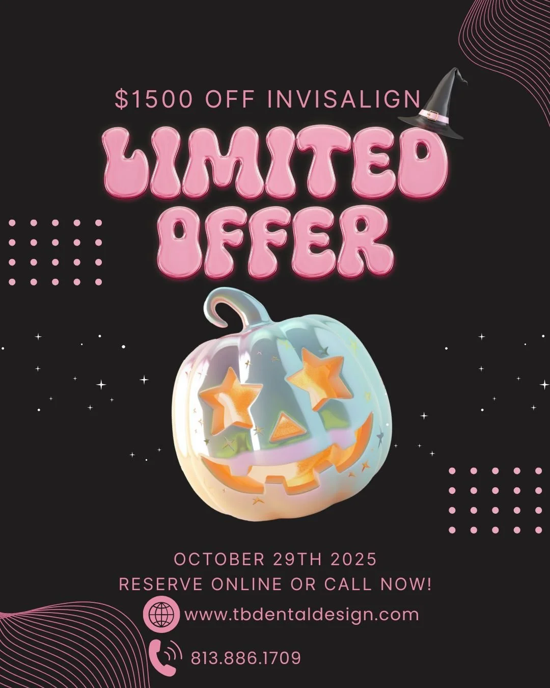 Schedule now for Invisalign Day on October 29th! We are offering FREE Invisalign consultation, $99 cleaning (if need prior to Invisalign Treatment), a raffle for at home whitening treatment, and $1500 off Invisalign. Call to book or visit our website