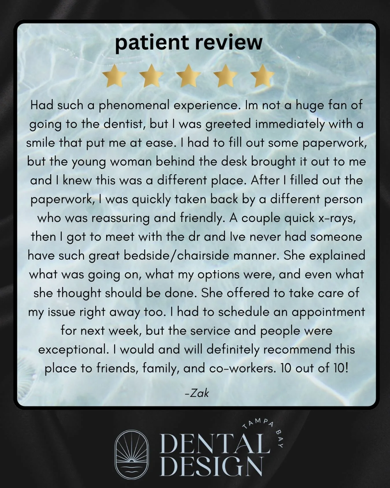 ✨Quickly seen
✨Friendly staff
✨Educated on options 
✨Opportunity to take care of immediately 
⭐️⭐️⭐️⭐️⭐️⭐️⭐️⭐️⭐️⭐️
TEN STARS! 🤩 

Come and see our concierge services for yourself 
📞 813.886.1709
➡️ schedule online
🛜 tbdentaldesign.com