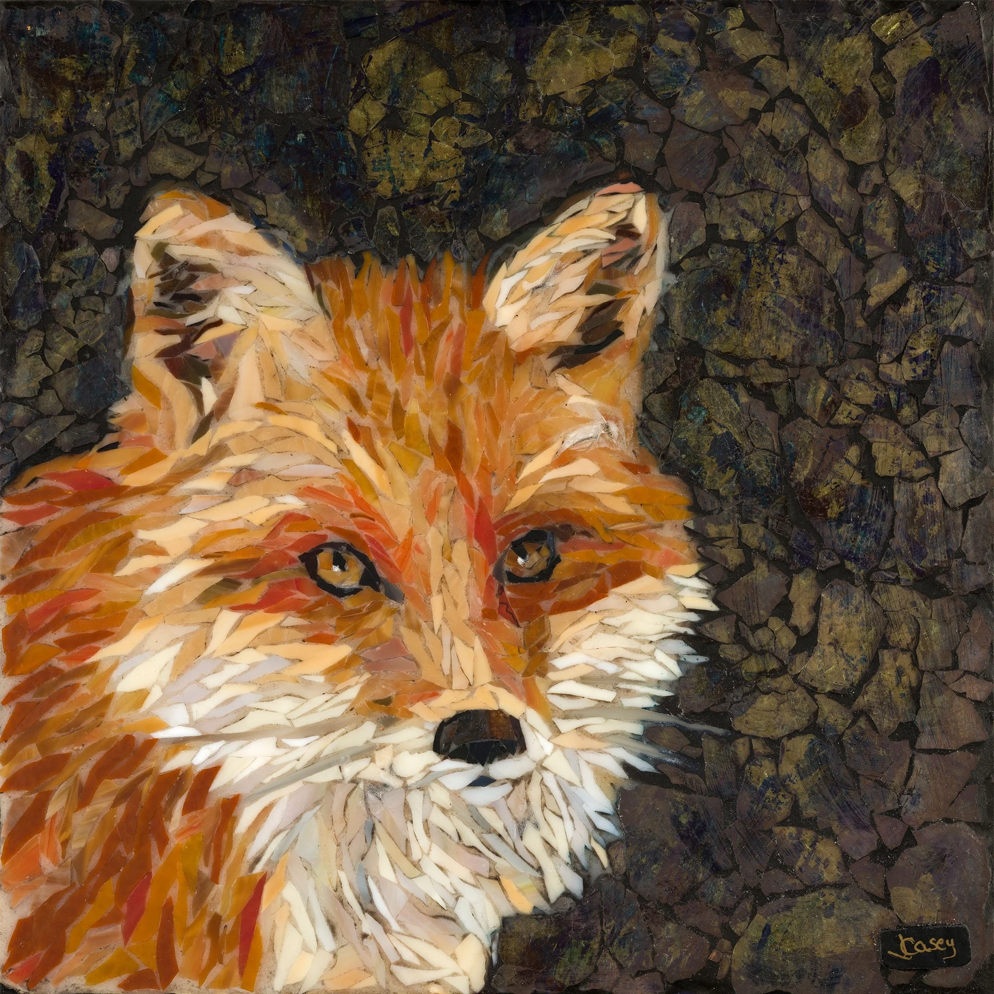 The Watcher, original stained glass mosaic of a red fox by Joyce Casey in a floating frame.