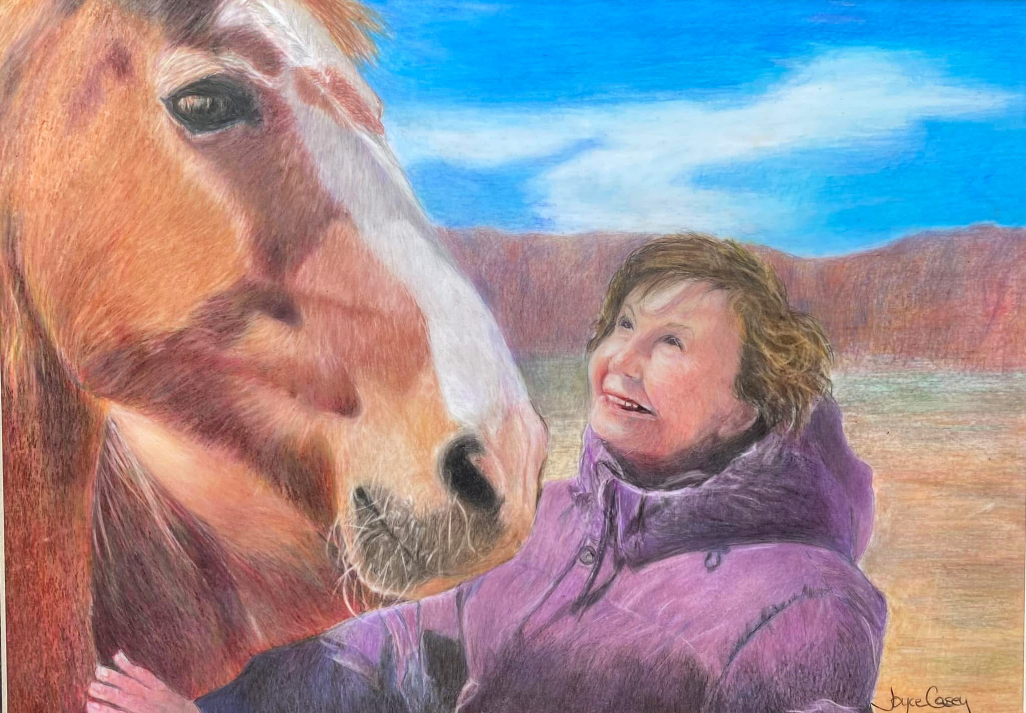 Custom colored pencil portrait commission featuring a woman and horse from the Windhorse herd