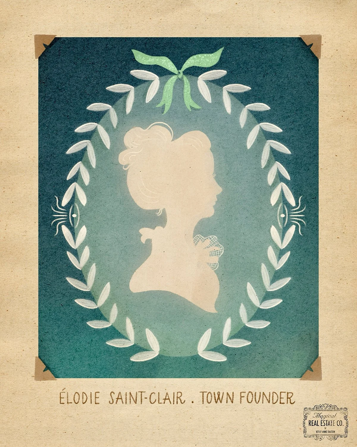 Silhouette of a woman with her hair in a bun, surrounded by a wreath of leaves and flowers, with a brown background and a label at the bottom that reads 'Élodie Saint-Clair, Town Founder.'