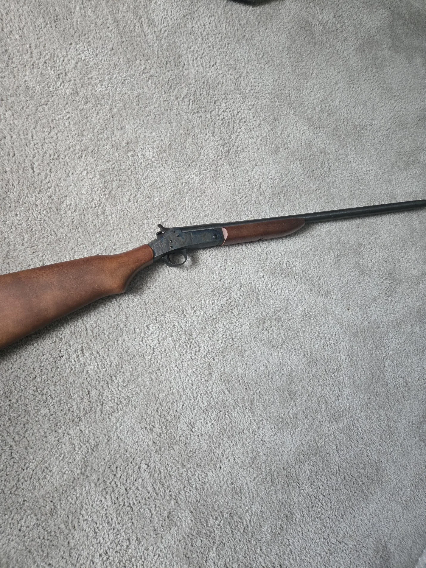 A person's arm and hand holding a firearm with a wooden stock and metal barrel, lying on a beige carpeted floor.