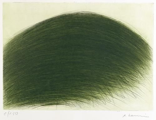 A printed artwork featuring a large, curved green brushstroke on a white background.