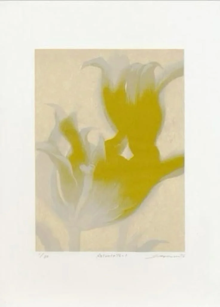 Abstract watercolor painting of a stylized flower with yellow and gray tones.