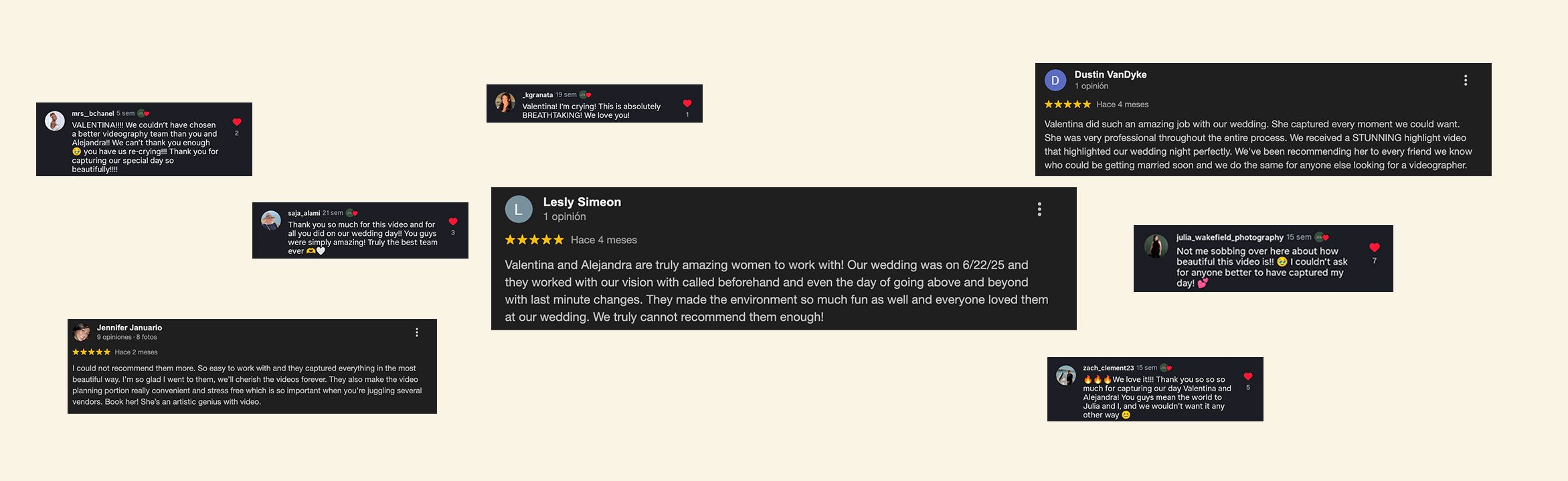 Screenshot of multiple wedding reviews with positive comments about the best wedding videographers,  work, featuring names, ratings, and comments about the wedding day and videographer.