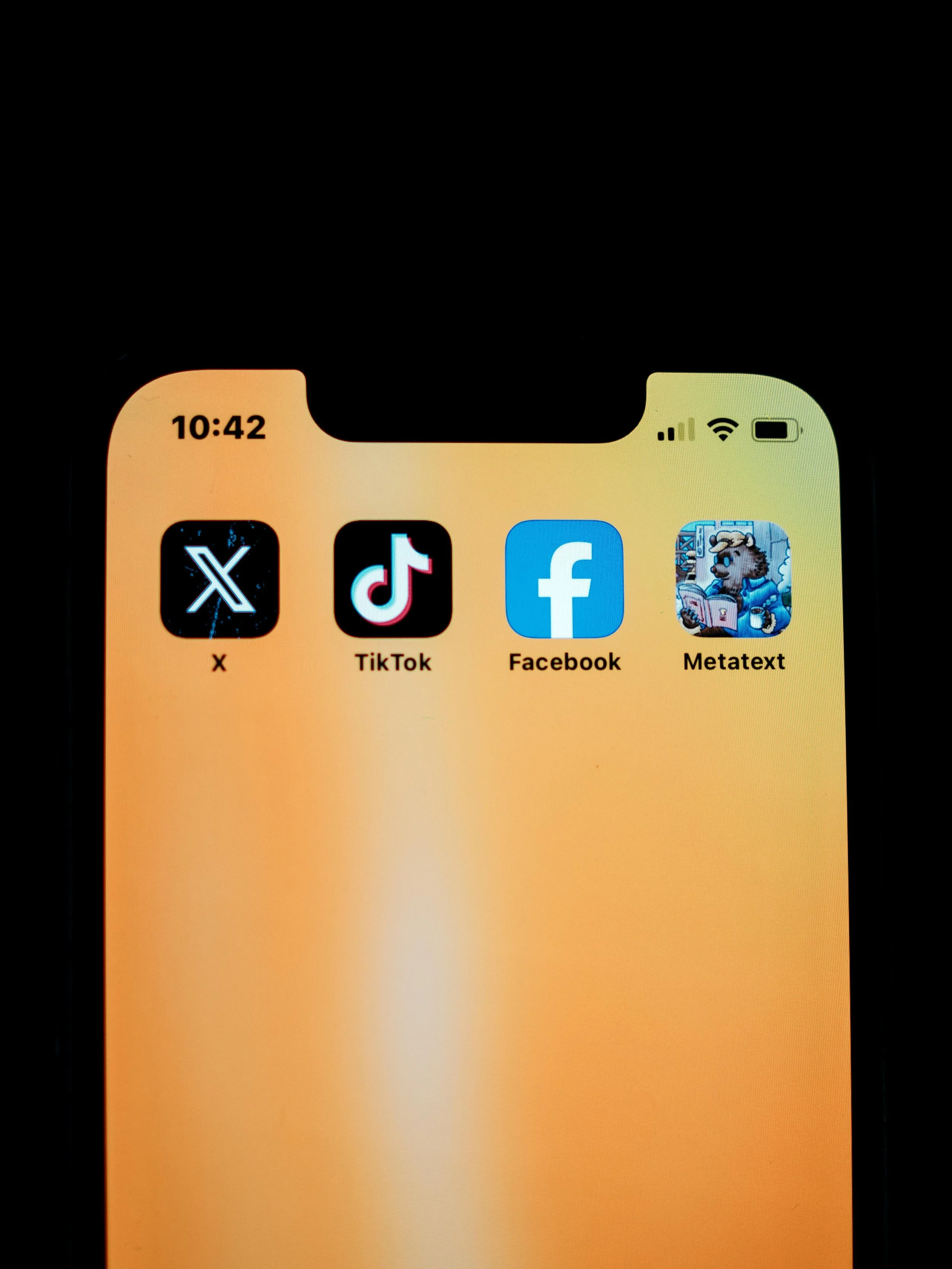 Smartphone screen displaying apps: X, TikTok, Facebook, and Metatext on an orange background.