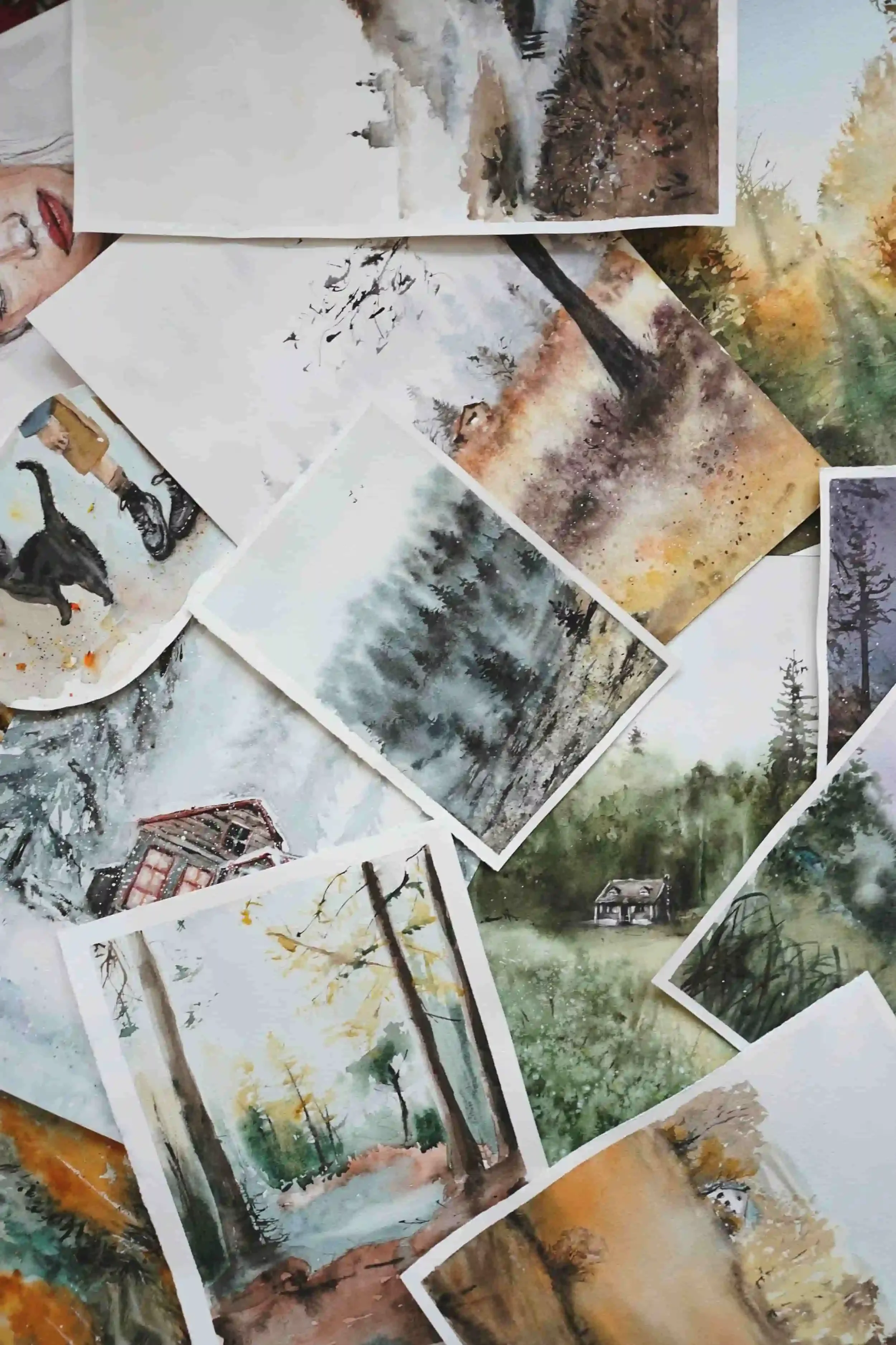 A scattered collection of watercolor paintings depicting various nature and landscape scenes in earthy, muted tones.