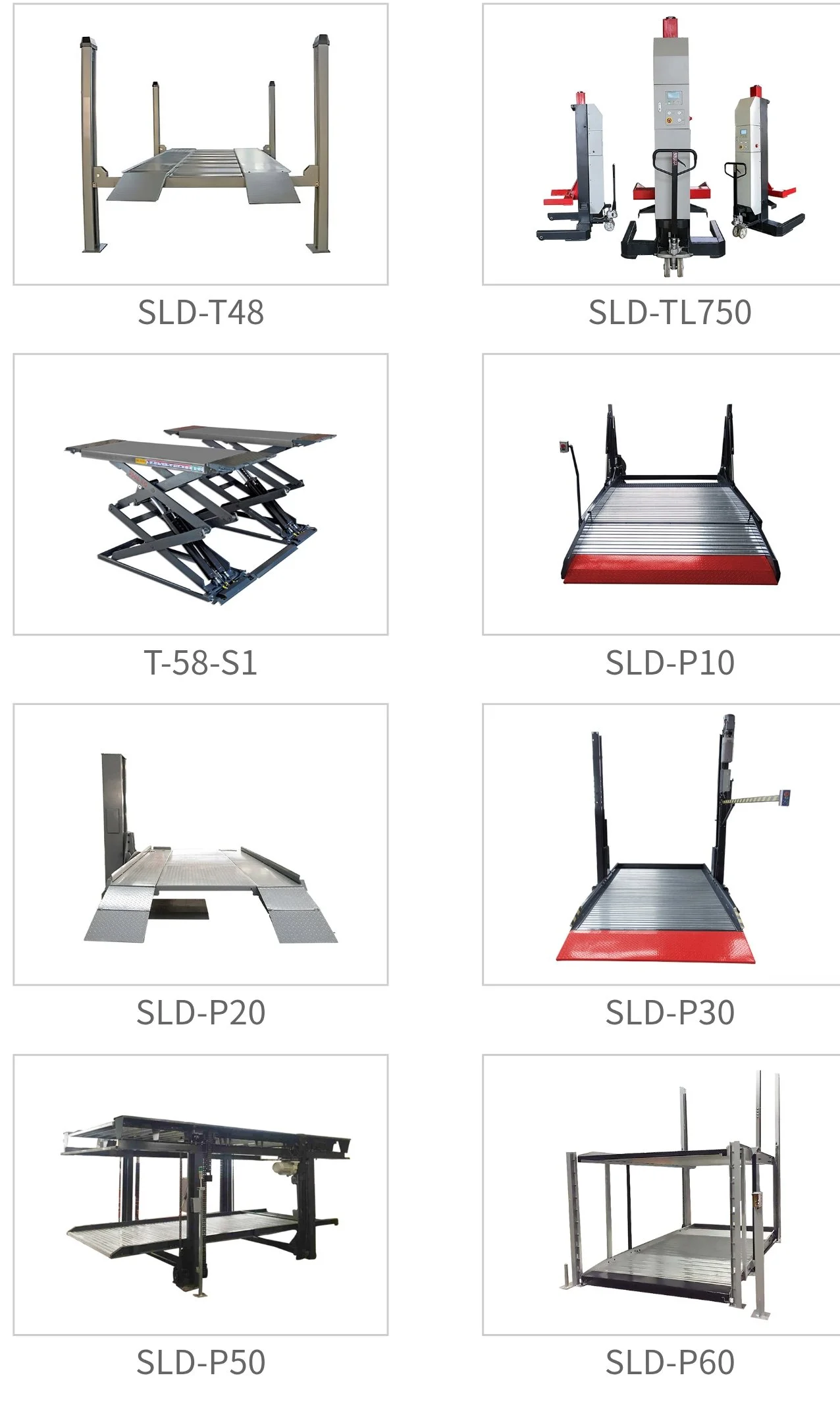 Verschiedene industrielle Förderbänder und Hubtische in einer Übersicht, mit Modellnummern darunter.