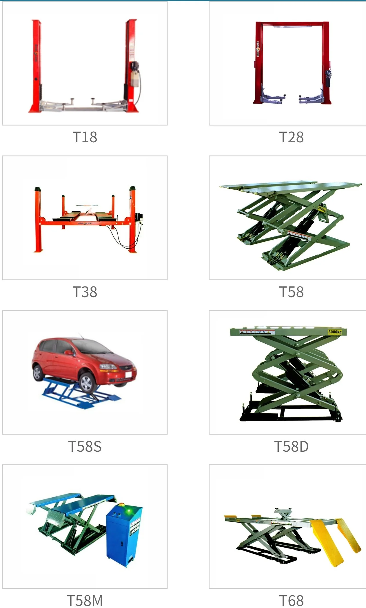 Ausschnitt verschiedener Autolifte, darunter Wagenheber, Hebebühnen und Scherenlifte in verschiedenen Größen