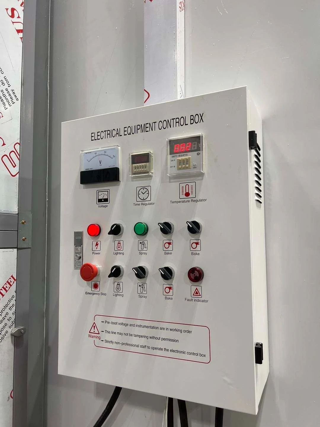 Steuerungskasten für elektrische Geräte mit Anzeigen, Schaltern, Reglern und Warnhinweisen