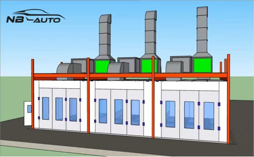 Zeichnung eines industriellen Gebäudes mit drei großen Abzügen oben, gefüllt mit grünem Material, und einem weißen, fensterlosen unteren Teil. Logo 'NB AUTO' ist in der oberen linken Ecke sichtbar.