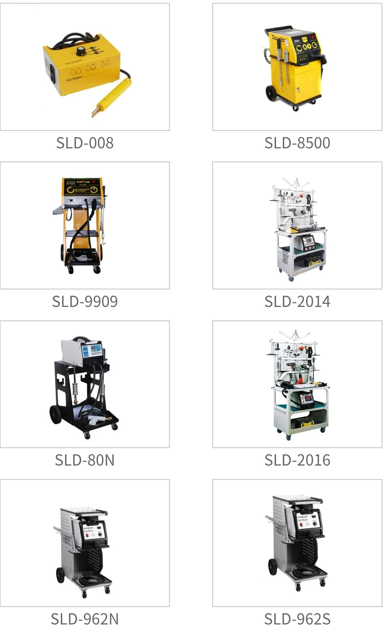 Sechs verschiedene Geräte, vermutlich Löt- oder Schweißgeräte, in unterschiedlichen Designs und Farben, jeweils mit Modellnummern darunter.