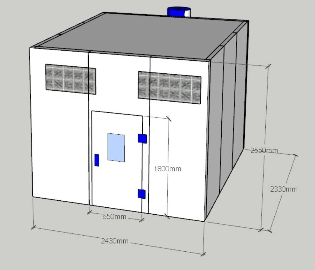 Ein technischer 3D-Entwurf eines Schranks mit Maßen in Millimetern, including Türen, Fenster und Belüftungsöffnungen.