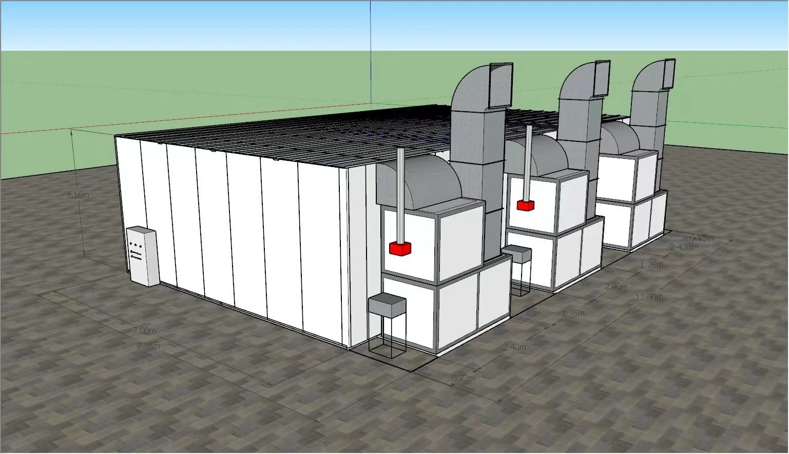 3D-Modell einer industriellen Lüftungsanlage mit verschiedenen Kanälen, Filtern und Schaltschränken, auf einem festen Boden installiert.