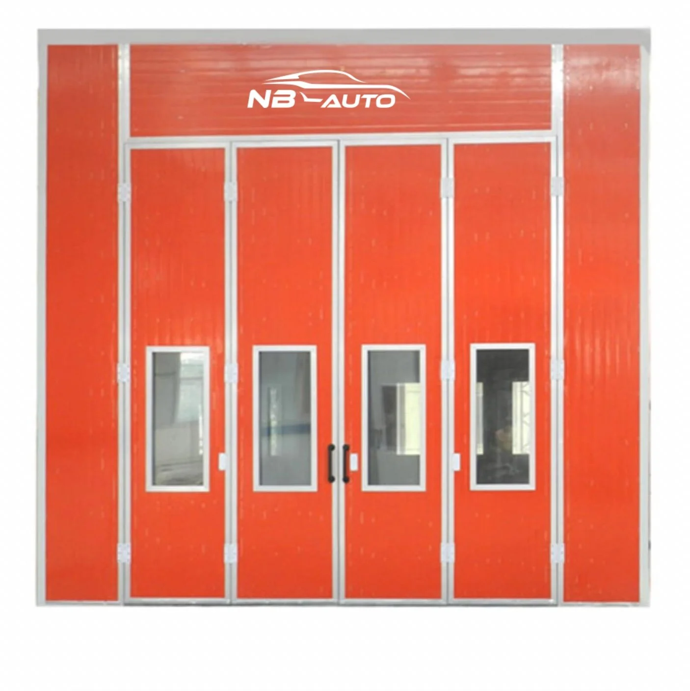Ein rotes Tor mit drei Fenster im oberen Bereich und einem Logo "NB AUTO" an der Spitze.