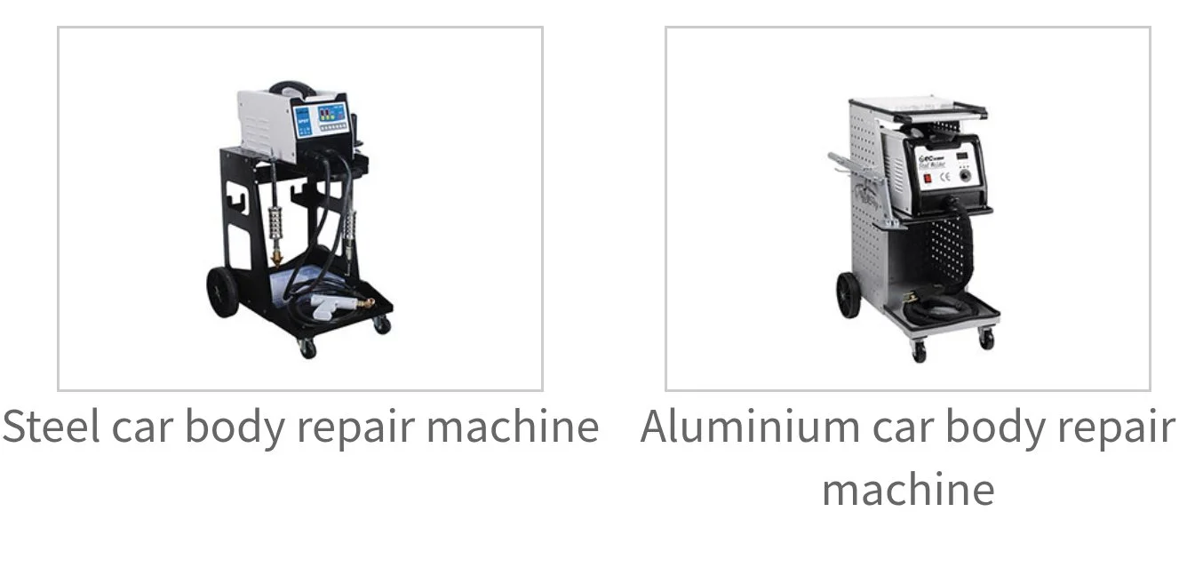 Zwei mobile Reparaturmaschinen, eine für Stahldrähte, eine für Aluminiumkarosserien, jeweils mit digitalem Display und Werkzeugen