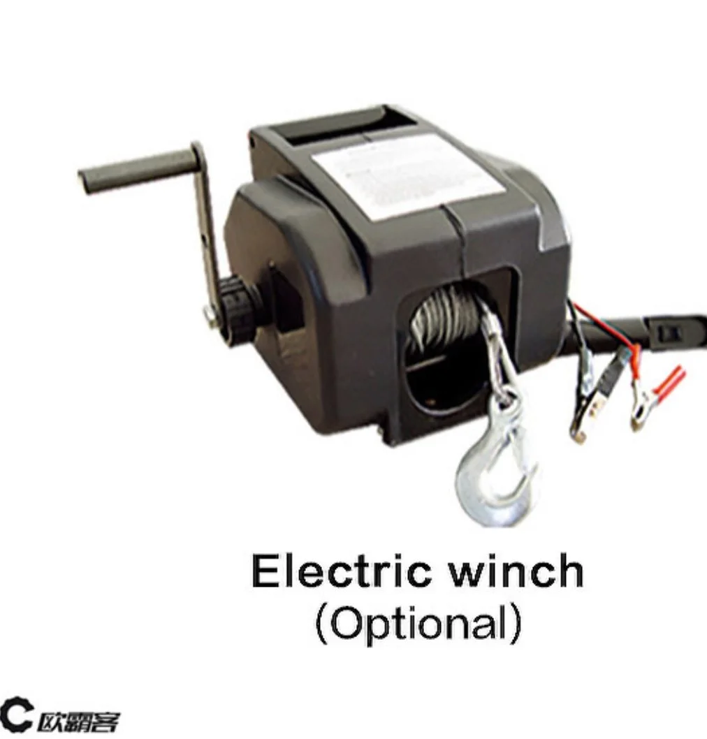 Ein elektrischer Flaschenzug mit Seil, Haken und Kabeln, optionaler Zusatz für elektrische Steuerung.