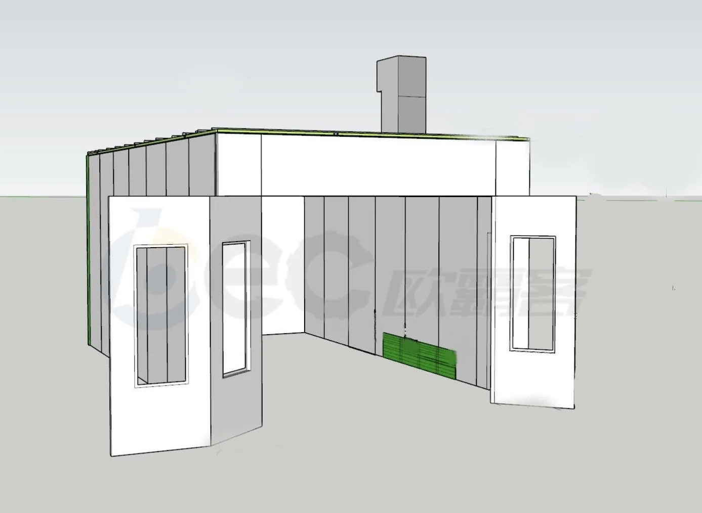 3D-Modell eines Gebäudes mit Wänden, Fenstern und Dach in einer Skizzierung.